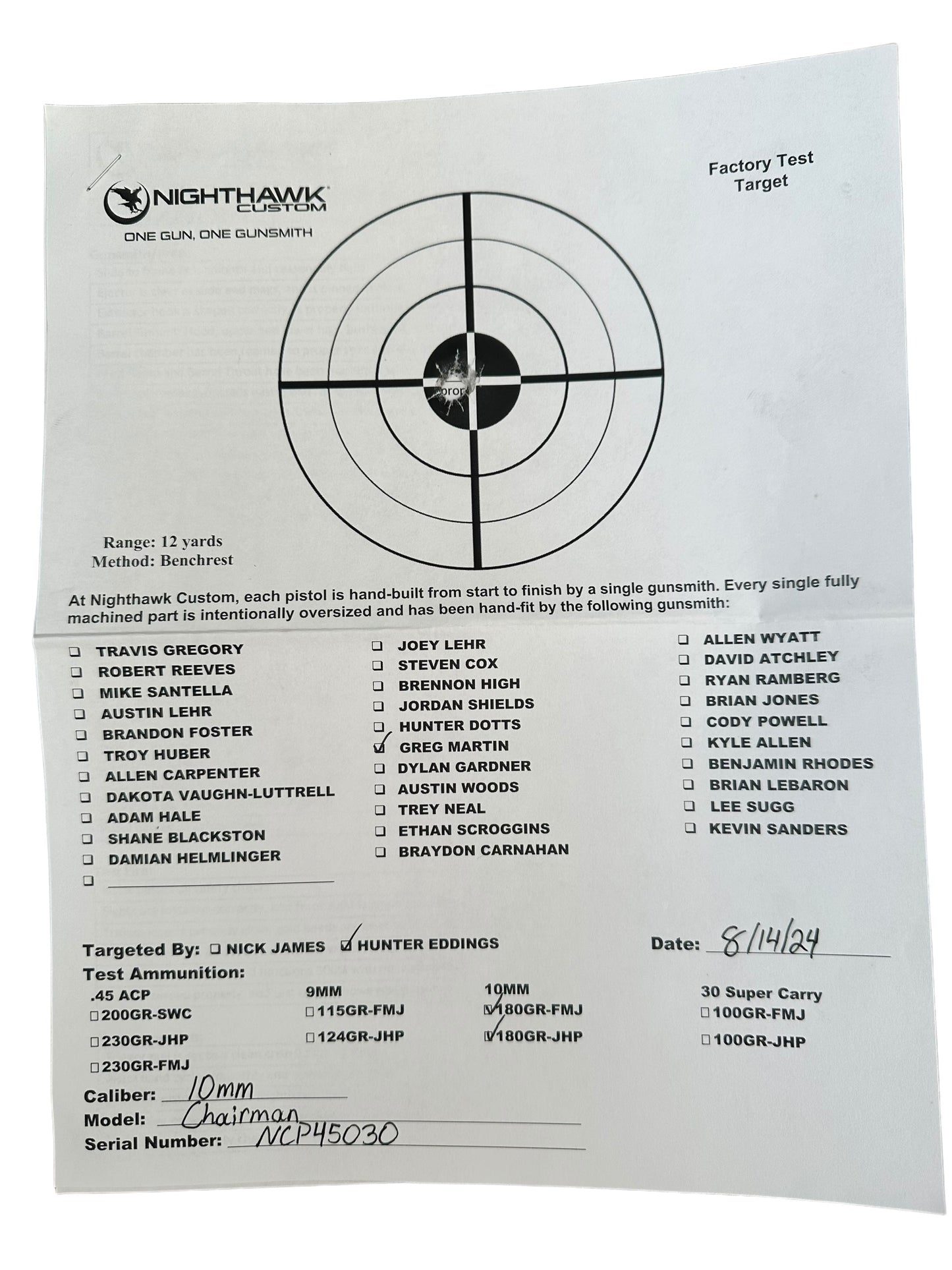NIGHTHAWK CUSTOM 1911 CHAIRMAN 6” BLACK/GOLD OPTIC READY 10MM