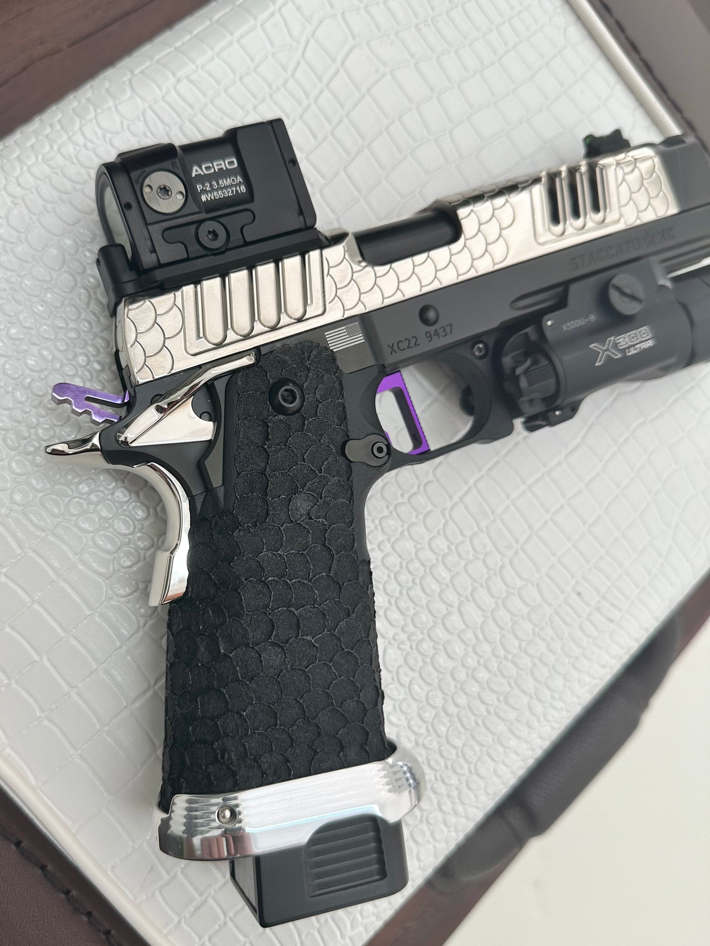 FULLY CUSTOMIZED STACCATO XC ENGRAVED POLISHED NICKEL PLATED WITH INFINITY TRIGGER ACRO AND X300