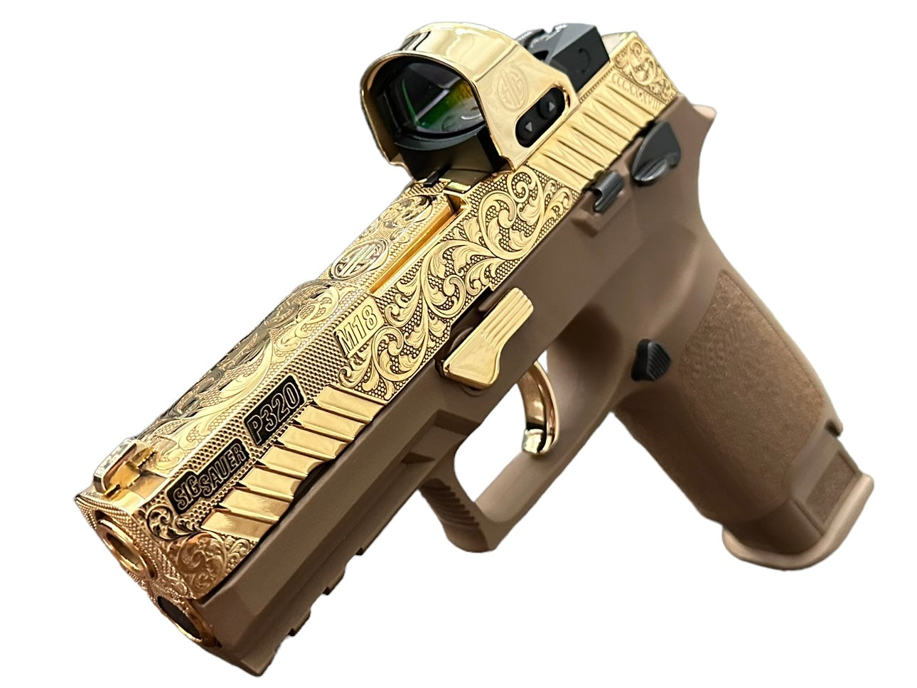 SIG SAUER P320 M18 WITH OPTIC 9mm FULLY ENGRAVED SLIDE POLISHED 24K GOLD PLATED