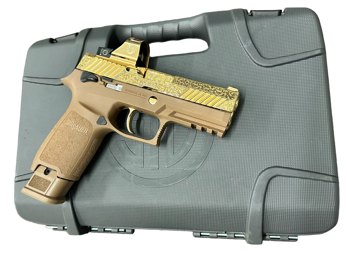 SIG SAUER P320 M18 WITH OPTIC 9mm FULLY ENGRAVED SLIDE POLISHED 24K GOLD PLATED