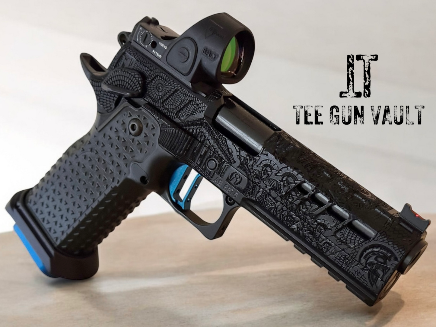 ATLAS GUNWORKS CUSTOM ATHENA SHINY BLACK WITH STROUP KNIFE, TRIJICON SRO