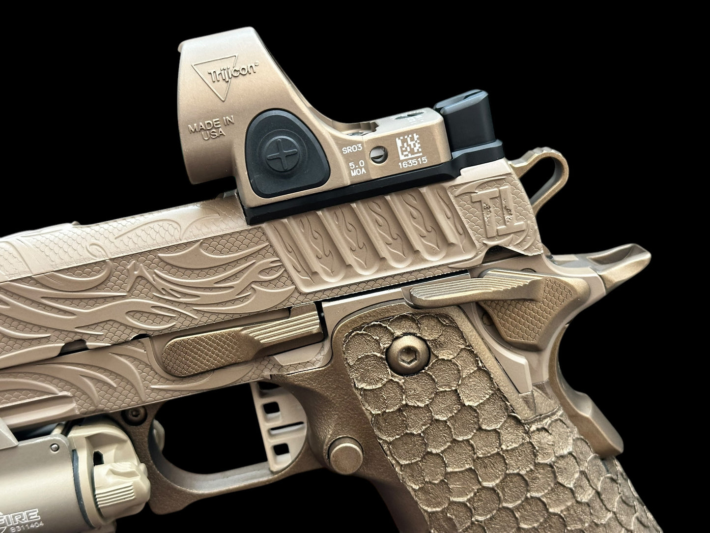 STACCATO CUSTOM XC “TRIBAL DRAGON” ENGRAVED TAN/BRONZE CERAKOTE FINISH WITH TRIJICON SRO & X300