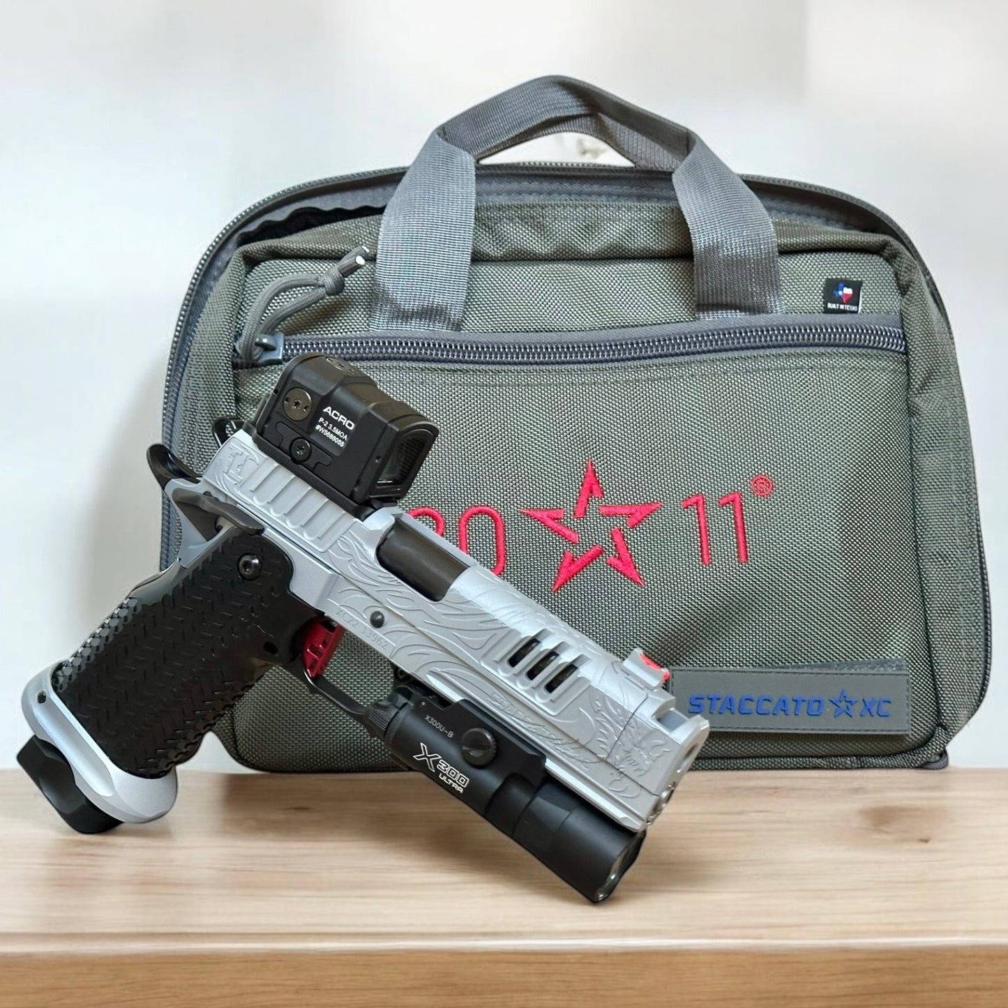 SILVER “TRIBAL DRAGON” FULLY CUSTOMIZED STACCATO XC STEEL GRIPS ENGRAVED, CERAKOTE WITH ACRO P2 & X300