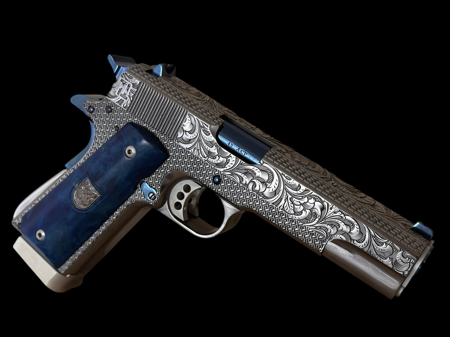 ARSENAL FIREARMS 1911 DOUBLE BARREL “SECOND CENTURY” 1 OF 1 SILVER/ BLUE PVD ENGRAVED WITH GLASS CASE