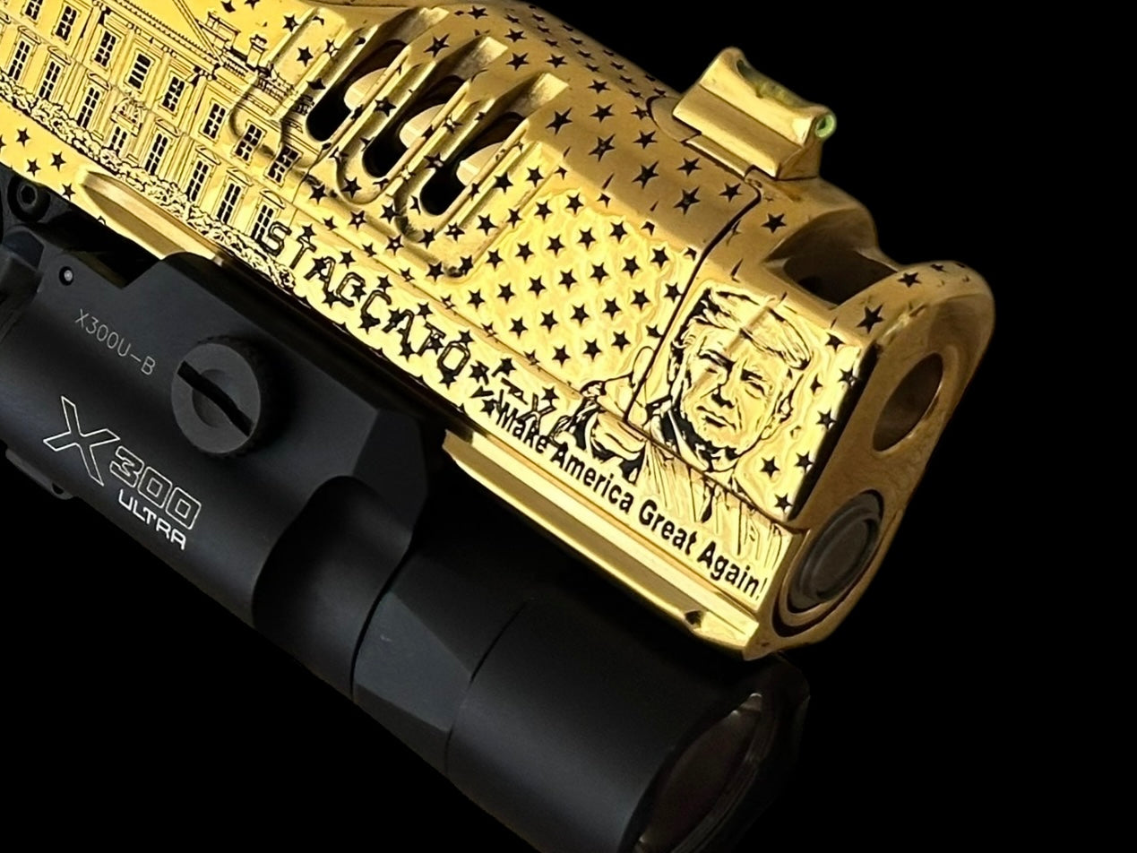 STACCATO CUSTOM XC “TRUMP” FULLY ENGRAVED POLISHED AND 24k GOLD PLATED SRO & X300