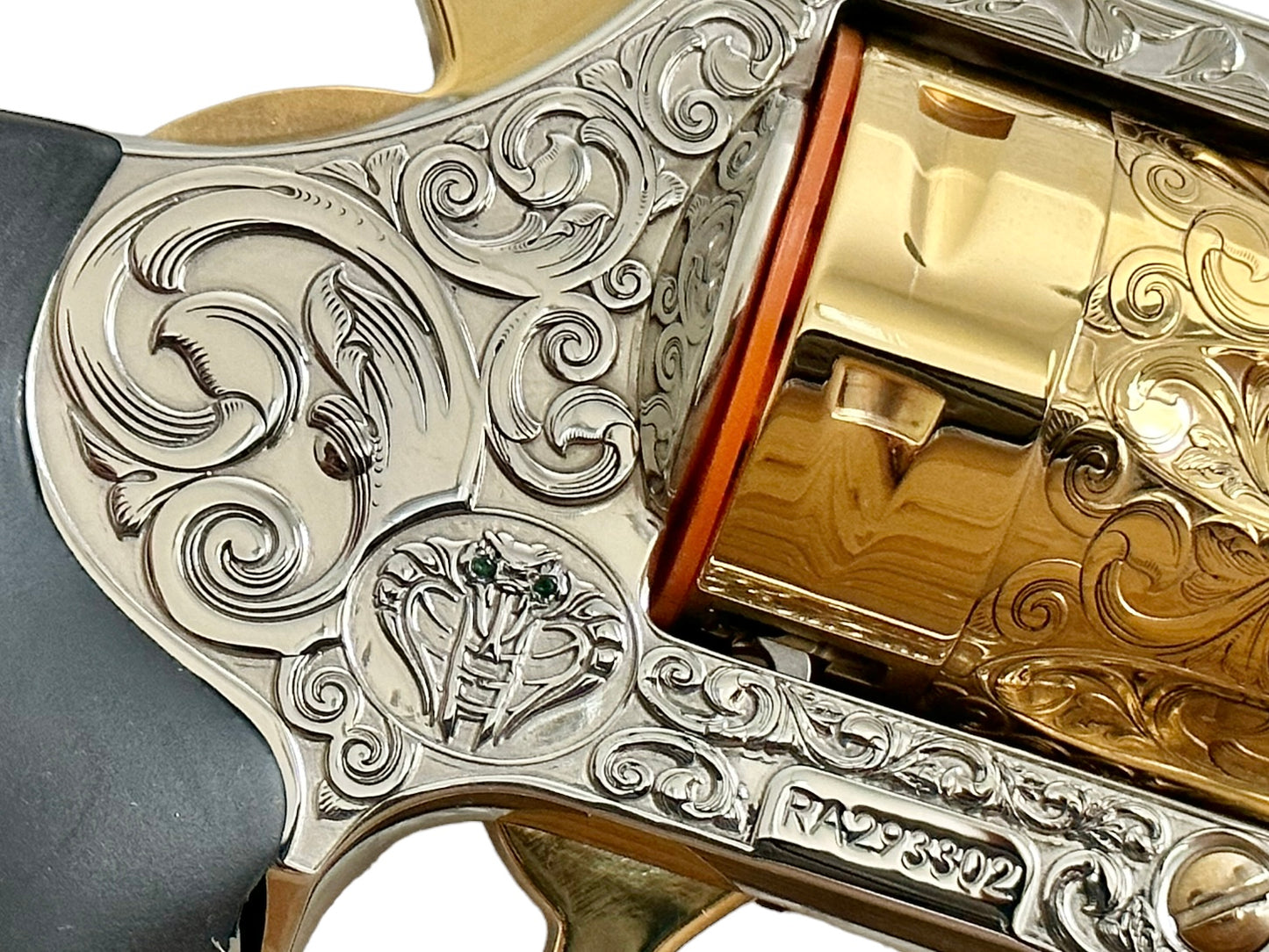 COLT CUSTOM KING COBRA REVOLVER 357 mag white gold nickel plated with 24k accents and emerald stones