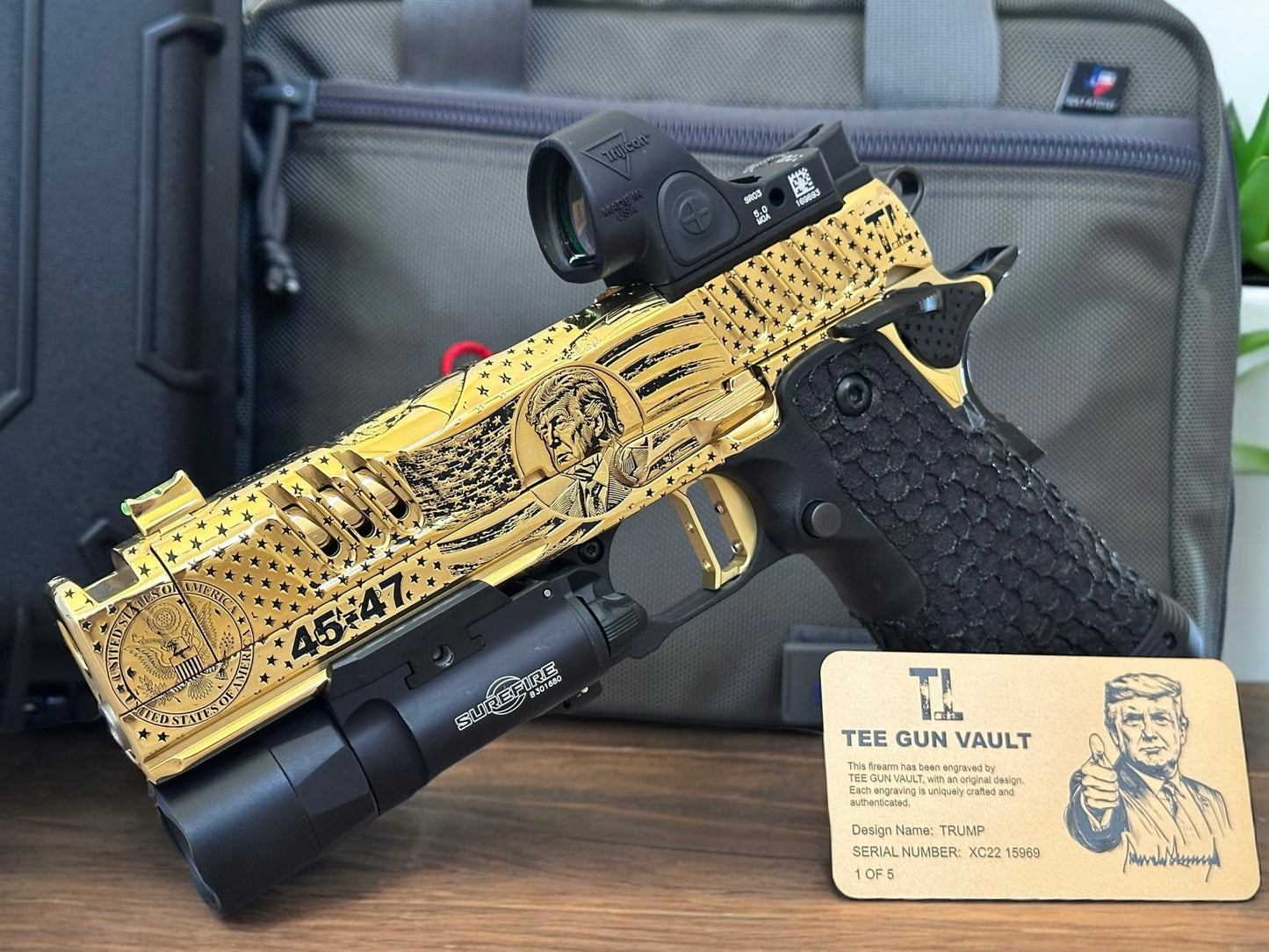 STACCATO CUSTOM XC “TRUMP” FULLY ENGRAVED POLISHED AND 24k GOLD PLATED SRO & X300