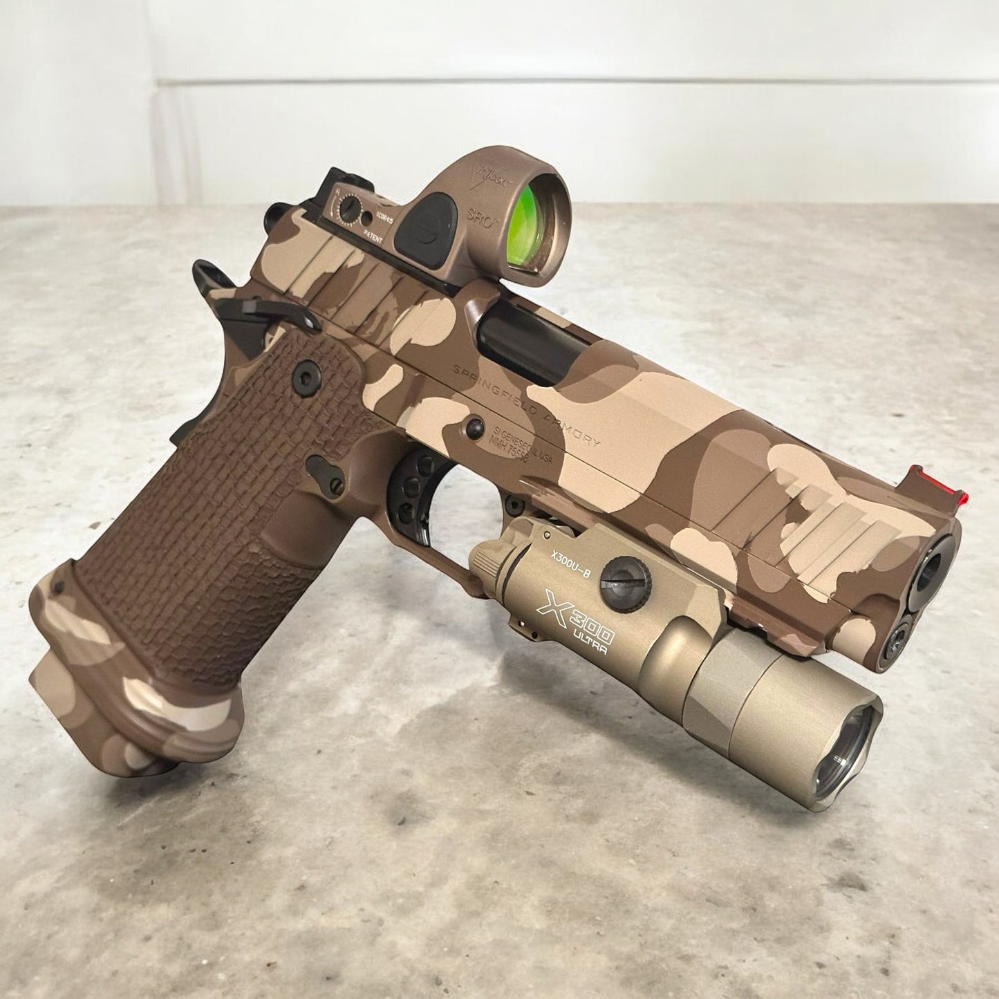 CUSTOM SPRINGFIELD PRODIGY 5” PORTED CAMO WITH SRO AND X300. TREE BARK GRIPS