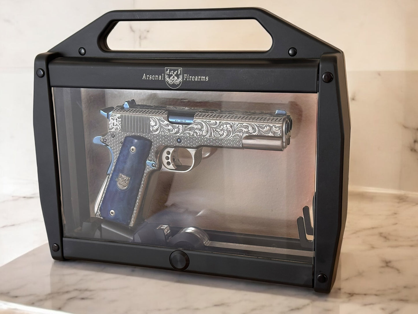 ARSENAL FIREARMS 1911 DOUBLE BARREL “SECOND CENTURY” 1 OF 1 SILVER/ BLUE PVD ENGRAVED WITH GLASS CASE