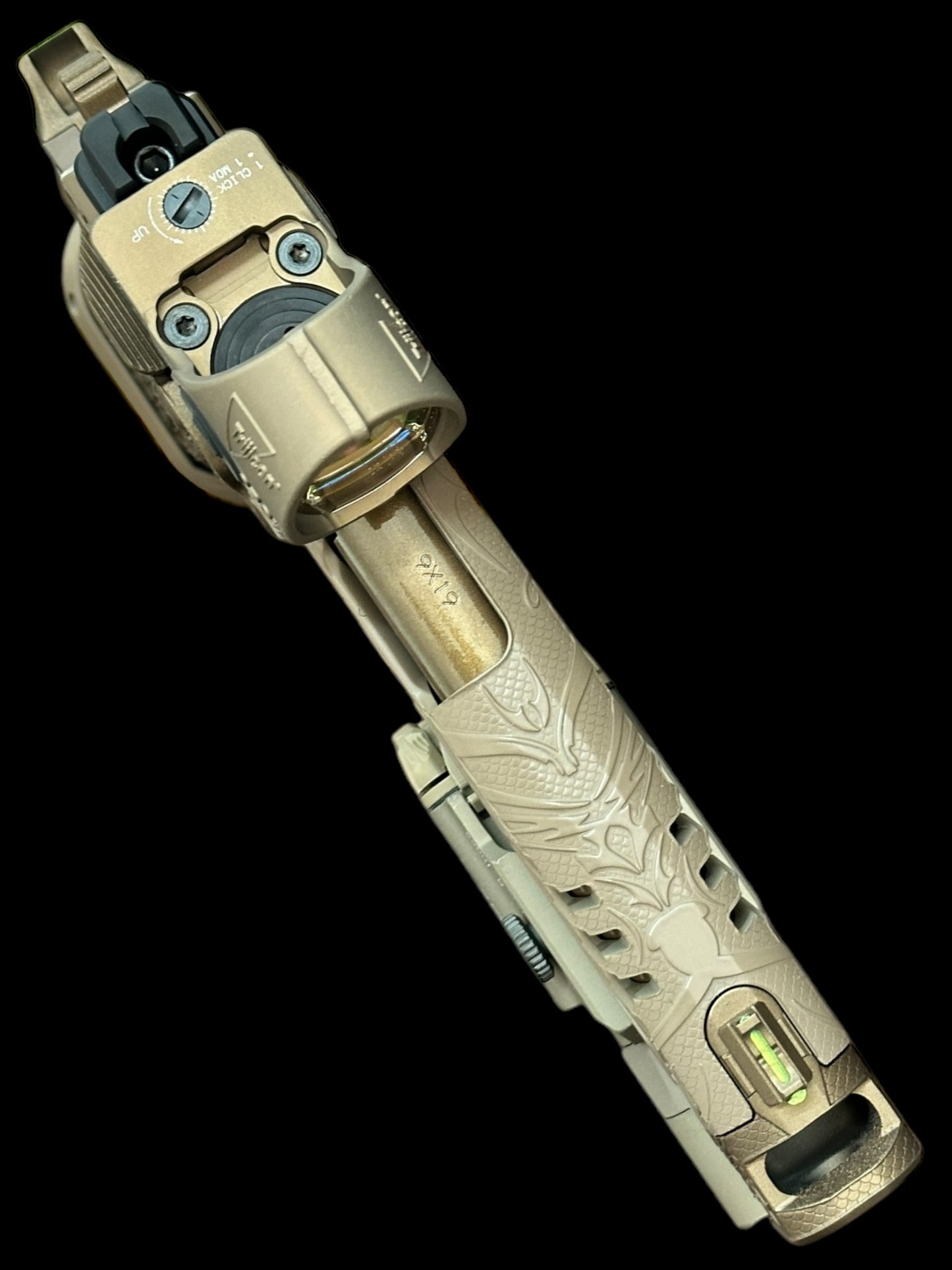 STACCATO CUSTOM XC “TRIBAL DRAGON” ENGRAVED TAN/BRONZE CERAKOTE FINISH WITH TRIJICON SRO & X300