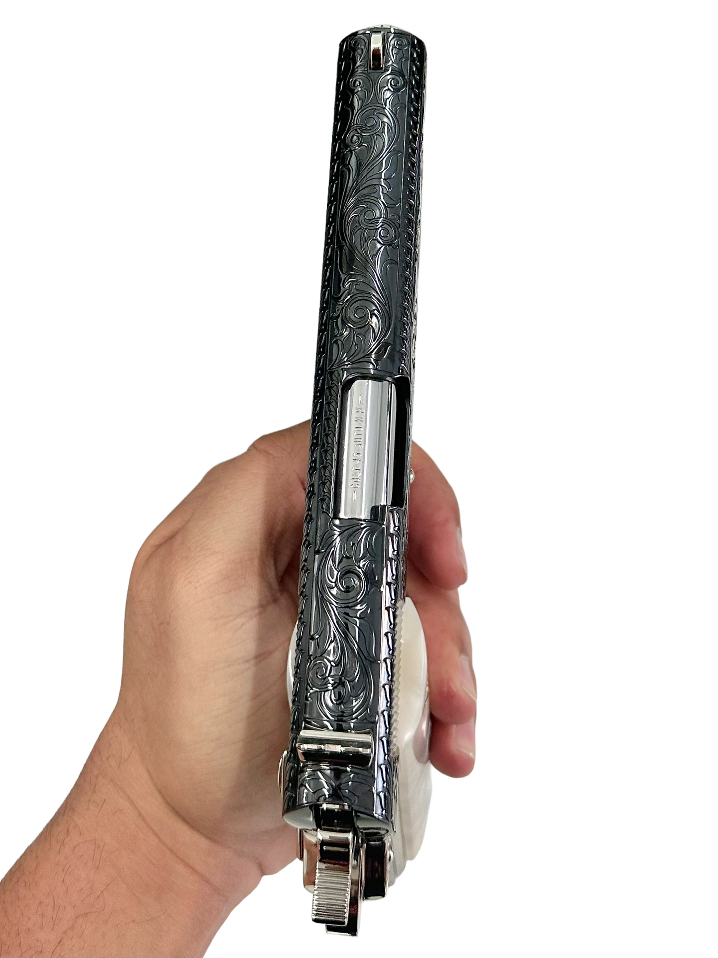 COLT CUSTOM 1911 FULLY ENGRAVED POLISHED AND 2 TONE NICKEL PLATED WITH ROYAL BLUE SLIDE