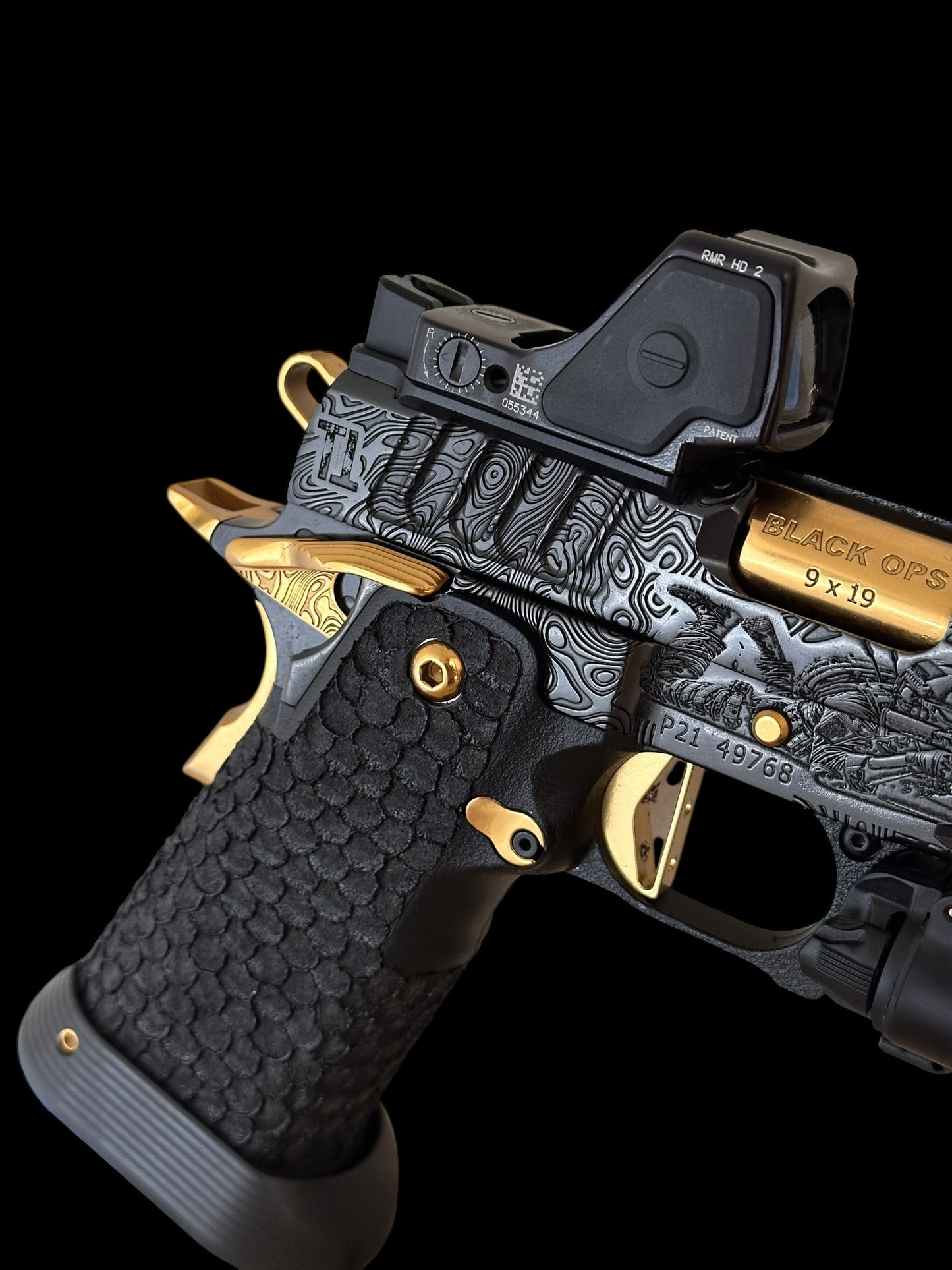 STACCATO P CUSTOM “BLACK OPS” 4.4” PORTED IN POLISHED BLACK DLC / GOLD TIN PVD ACCENTS