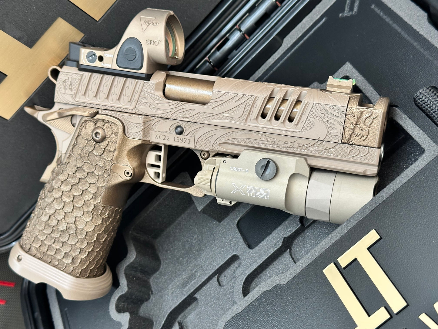STACCATO CUSTOM XC “TRIBAL DRAGON” ENGRAVED TAN/BRONZE CERAKOTE FINISH WITH TRIJICON SRO & X300