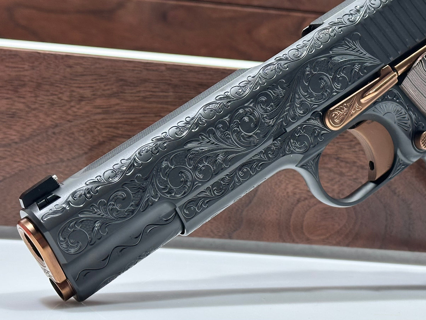 KINGS RIVER CUSTOM LEVEL III; CUSTOM WOOD DISPLAY CASE. HAND ENGRAVED POLISHED DLC/ COPPER FINISH .45ACP