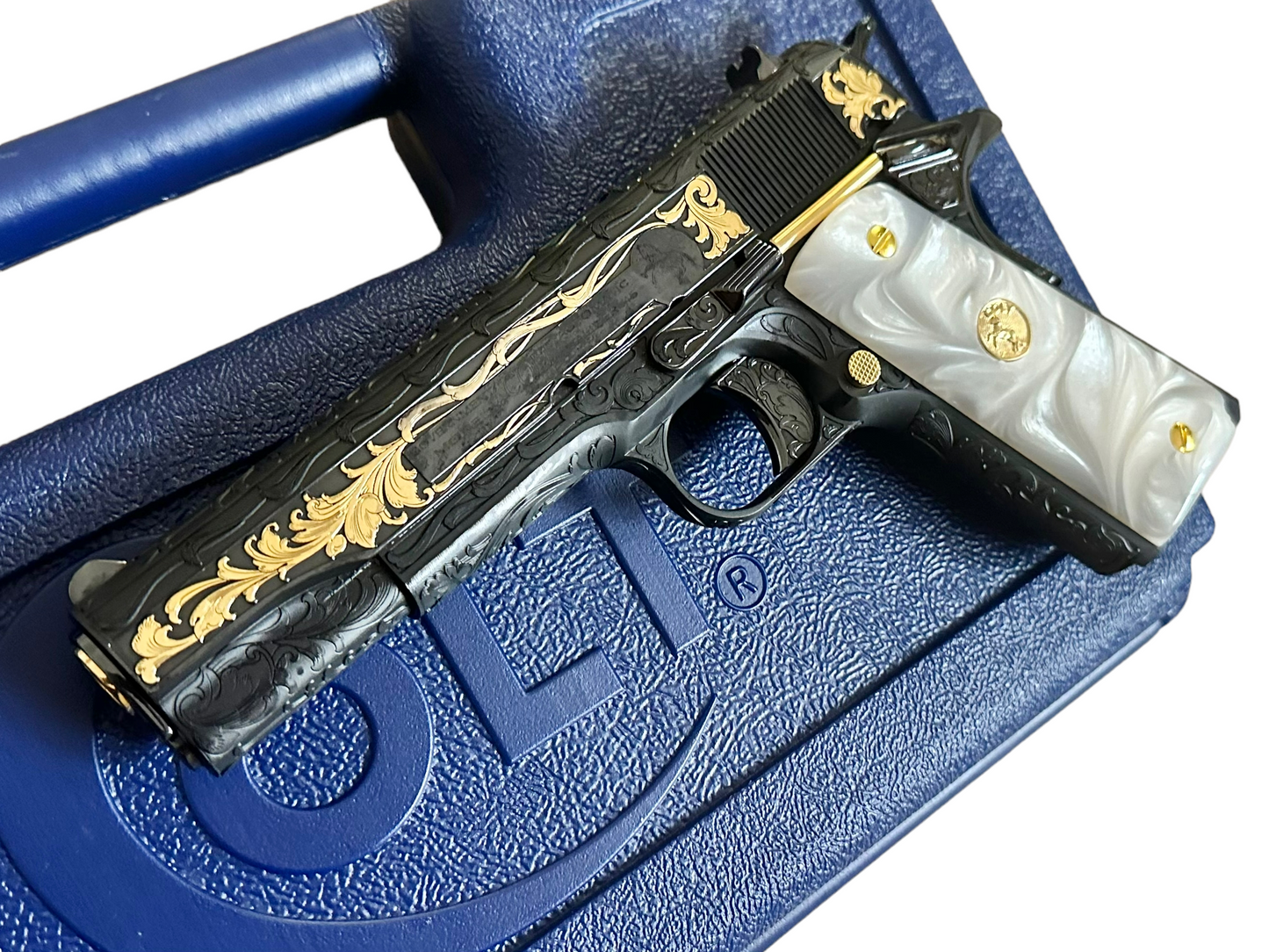 CUSTOM COLT 1911 GOVERNMENT FULLY ENGRAVED, BLUED WITH 24K GOLD PLATED ACCENTS