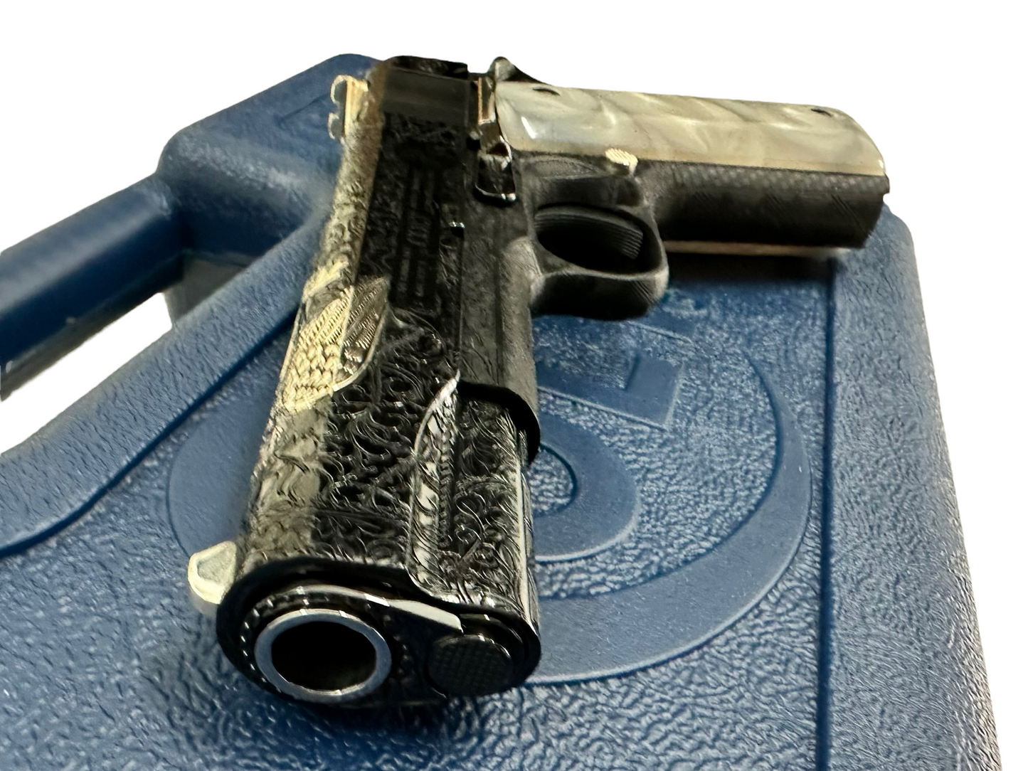 CUSTOM COLT 1911 FULLY ENGRAVED ANGEL VS DEMON ROYAL BLUE FINISH