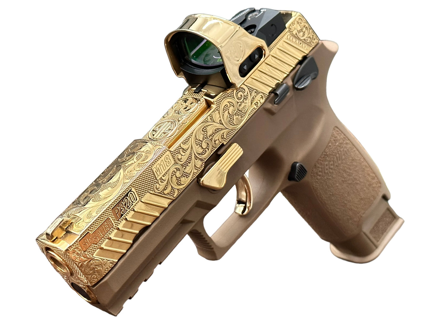 SIG SAUER P320 M18 WITH OPTIC 9mm FULLY ENGRAVED SLIDE POLISHED 24K GOLD PLATED
