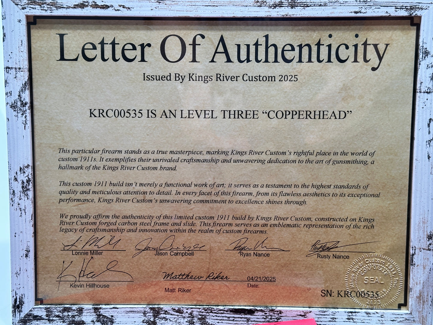 KINGS RIVER CUSTOM LEVEL III; CUSTOM WOOD DISPLAY CASE. HAND ENGRAVED POLISHED DLC/ COPPER FINISH .45ACP