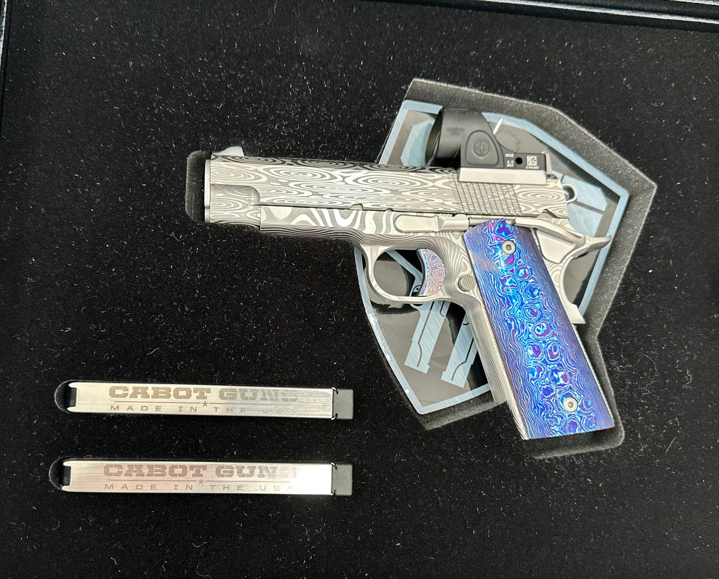CABOT GUNS CUSTOM 1911 ONE OF A KIND DAMASCUS SPECIAL BUILD.