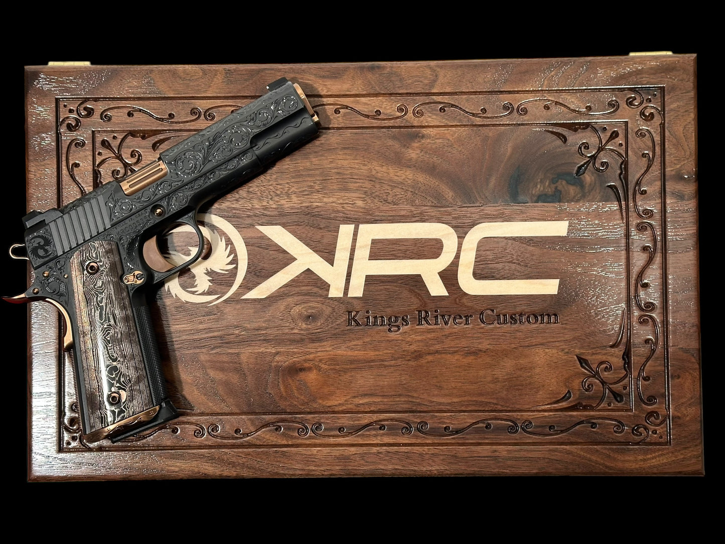 KINGS RIVER CUSTOM LEVEL III; CUSTOM WOOD DISPLAY CASE. HAND ENGRAVED POLISHED DLC/ COPPER FINISH .45ACP