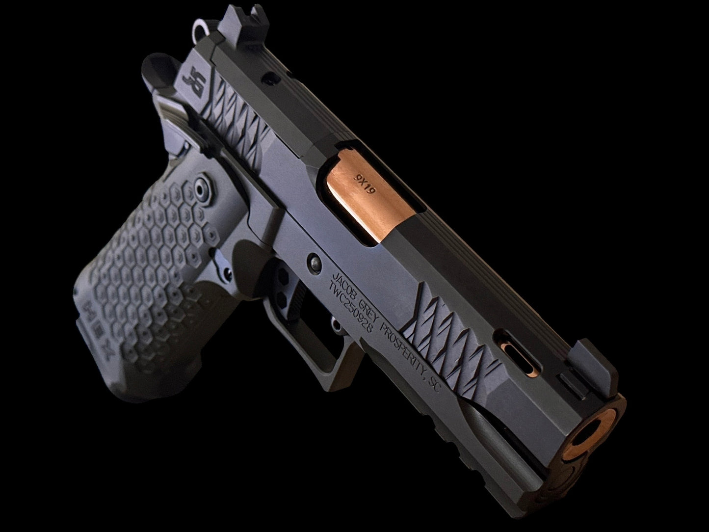 JACOB GREY TWC HEX PORTED 9MM 4.25” ROSE GOLD PVD BARREL