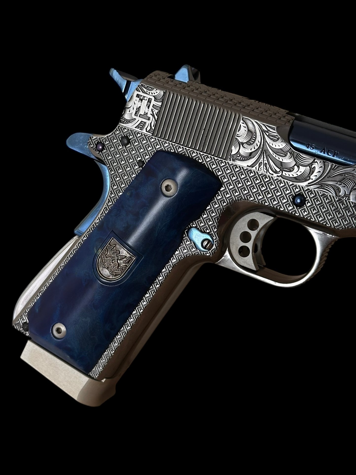 ARSENAL FIREARMS 1911 DOUBLE BARREL “SECOND CENTURY” 1 OF 1 SILVER/ BLUE PVD ENGRAVED WITH GLASS CASE
