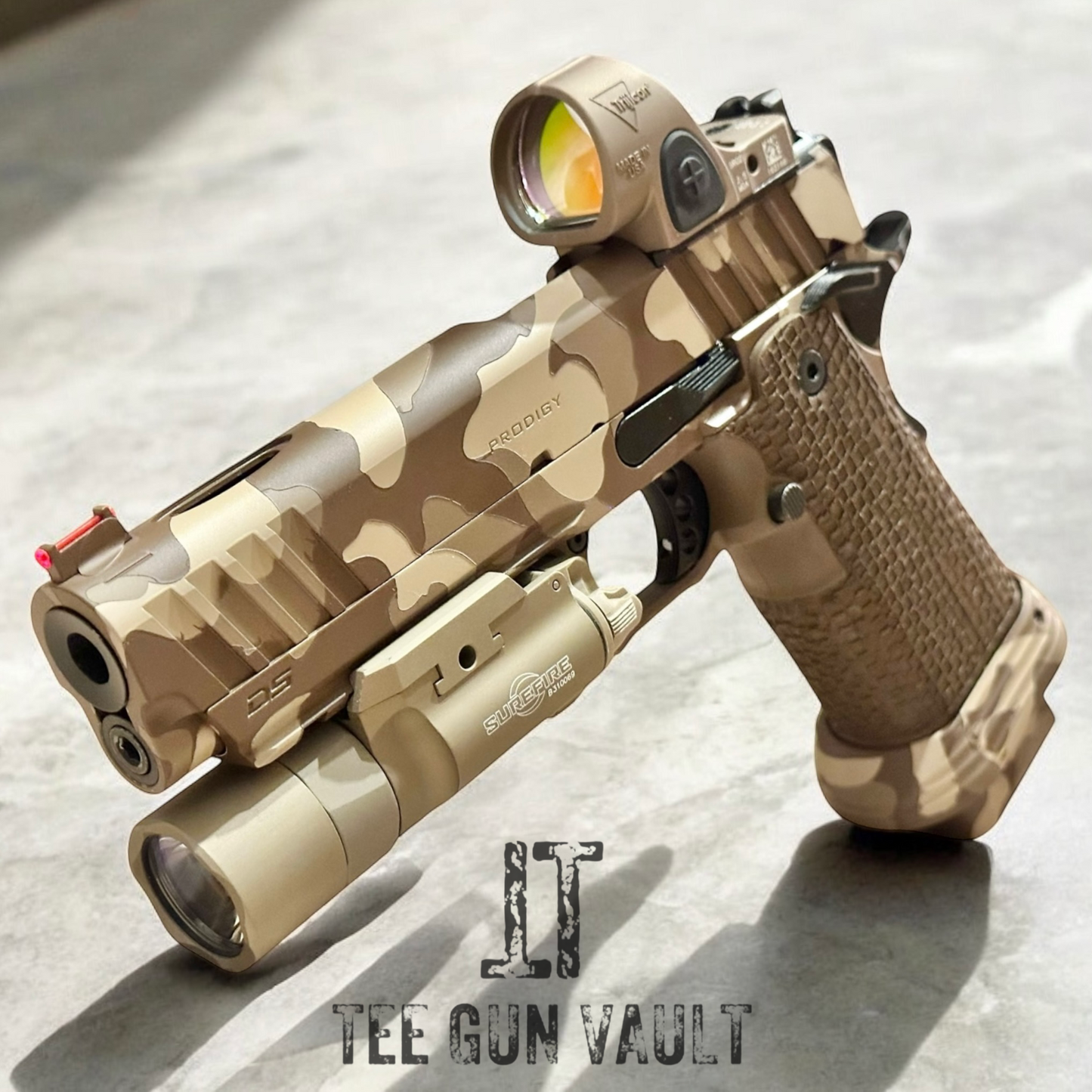 CUSTOM SPRINGFIELD PRODIGY 5” PORTED CAMO WITH SRO AND X300. TREE BARK GRIPS