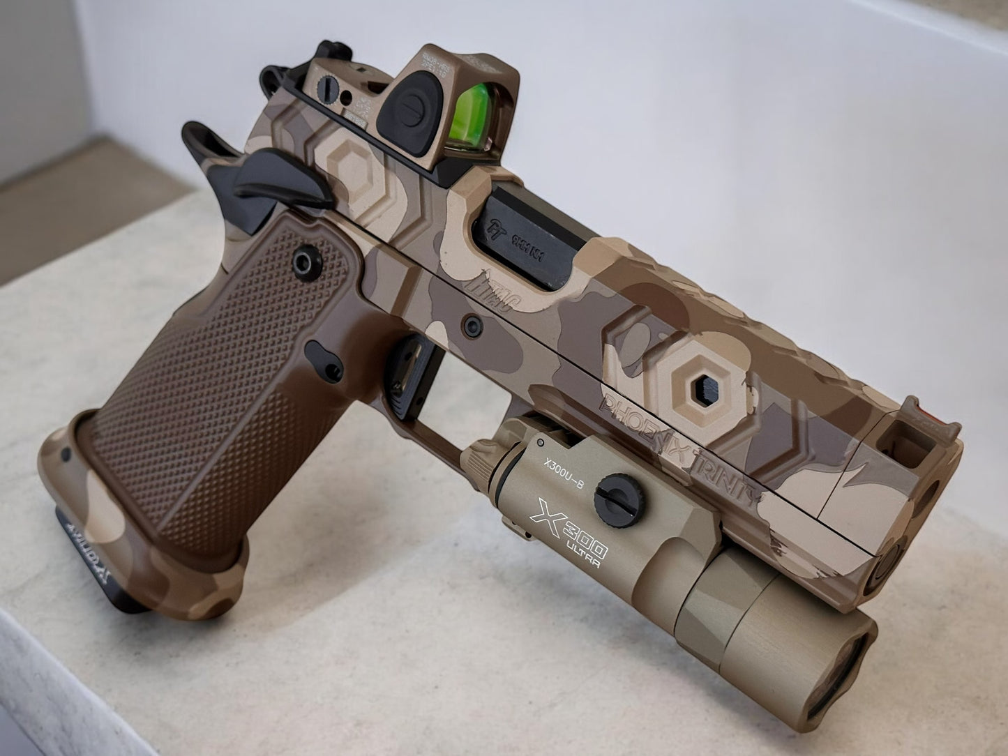 PHOENIX TRINITY 2011 H-TAC DESERT WITH PRO GRIPS 9MM RMR AND X300