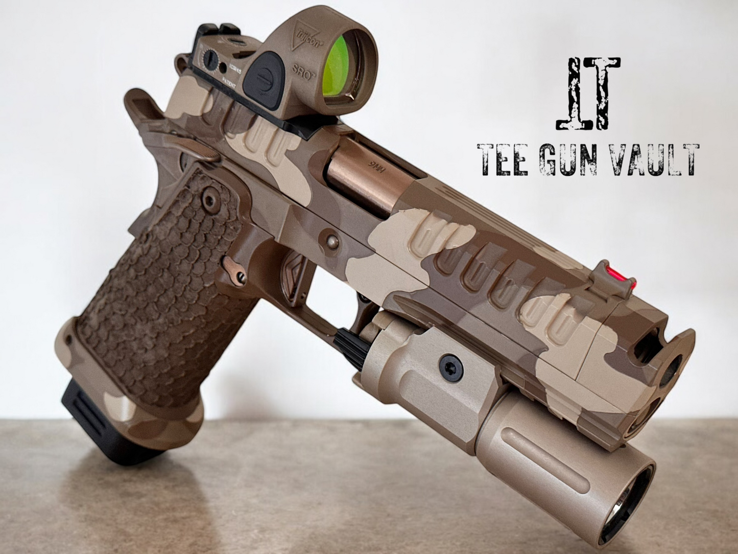 WATCHTOWER APACHE CAMO WITH TRIJICON SRO AND MODLITE FLASHLIGHT 9mm DRAGON GRIPS