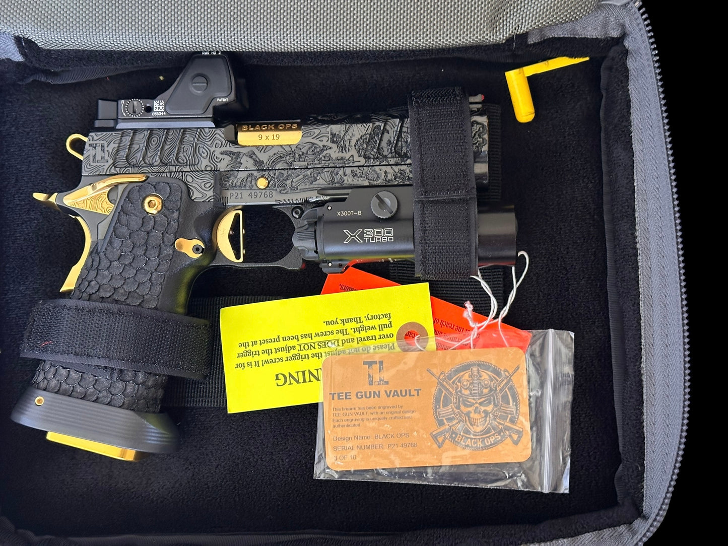 STACCATO P CUSTOM “BLACK OPS” 4.4” PORTED IN POLISHED BLACK DLC / GOLD TIN PVD ACCENTS