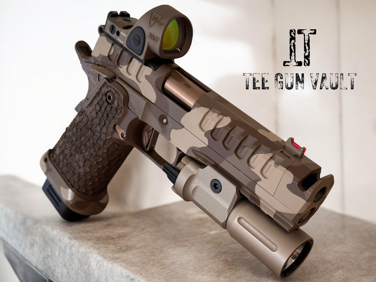 WATCHTOWER APACHE CAMO WITH TRIJICON SRO AND MODLITE FLASHLIGHT 9mm DRAGON GRIPS