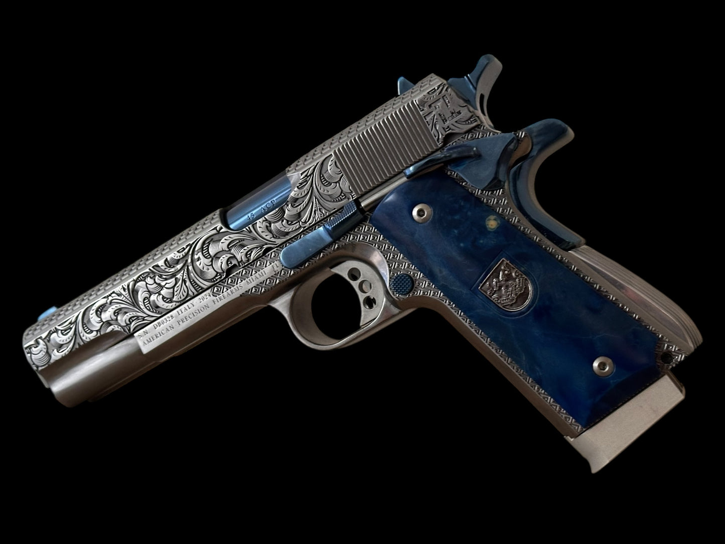 ARSENAL FIREARMS 1911 DOUBLE BARREL “SECOND CENTURY” 1 OF 1 SILVER/ BLUE PVD ENGRAVED WITH GLASS CASE
