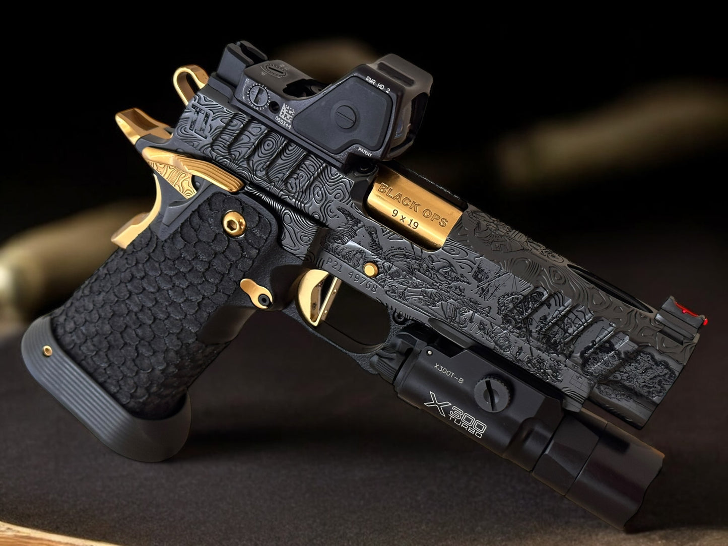 STACCATO P CUSTOM “BLACK OPS” 4.4” PORTED IN POLISHED BLACK DLC / GOLD TIN PVD ACCENTS