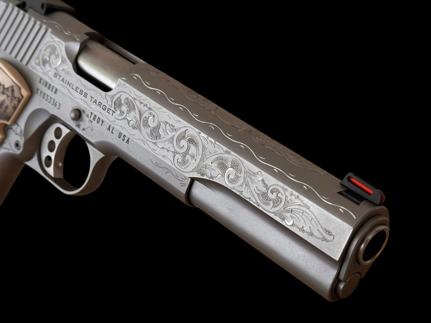 Kimber 1911 Stainless Target long slide hand engraved with custom grips. .45acp