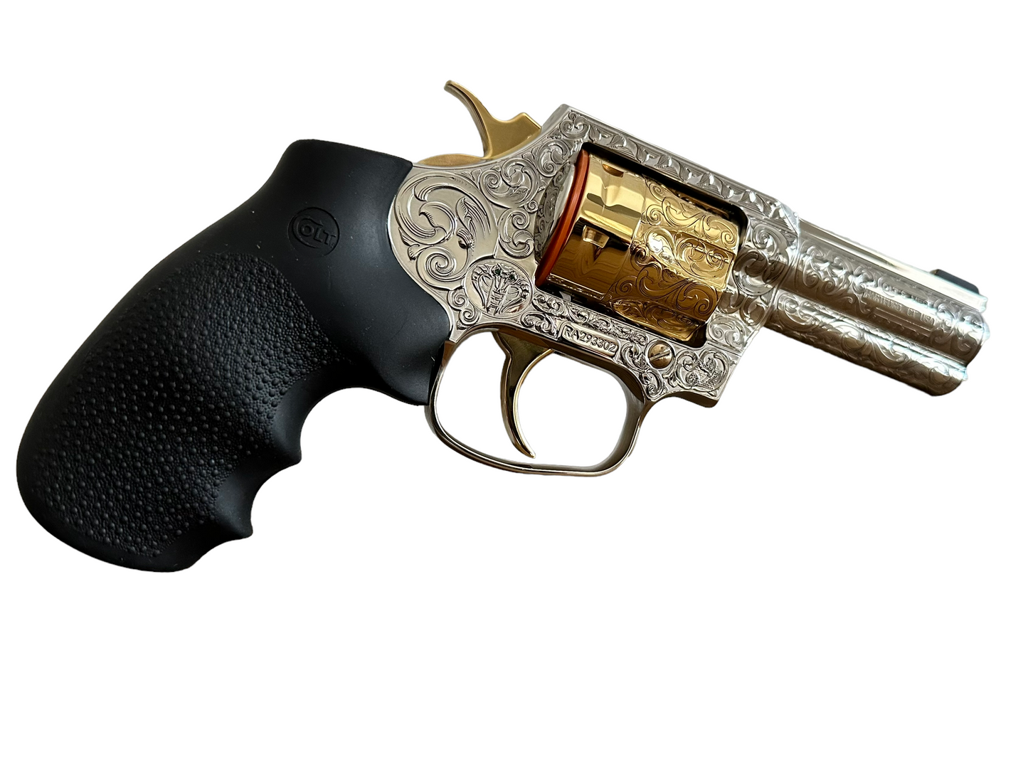 COLT CUSTOM KING COBRA REVOLVER 357 mag white gold nickel plated with 24k accents and emerald stones
