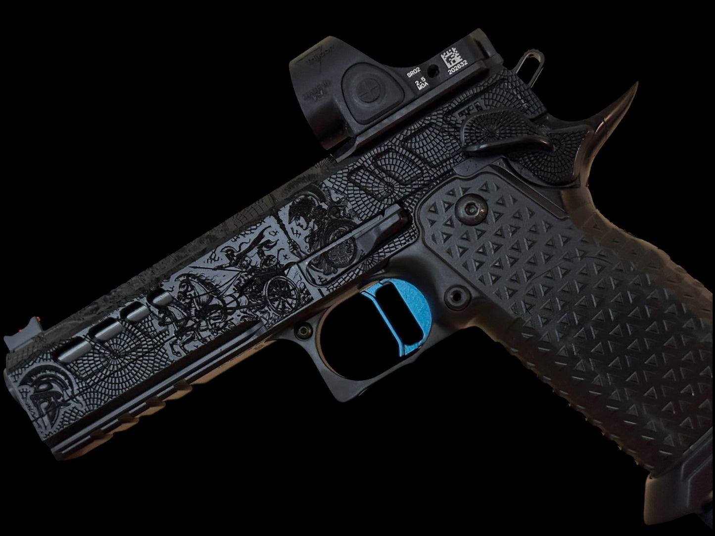 ATLAS GUNWORKS CUSTOM ATHENA SHINY BLACK WITH STROUP KNIFE, TRIJICON SRO