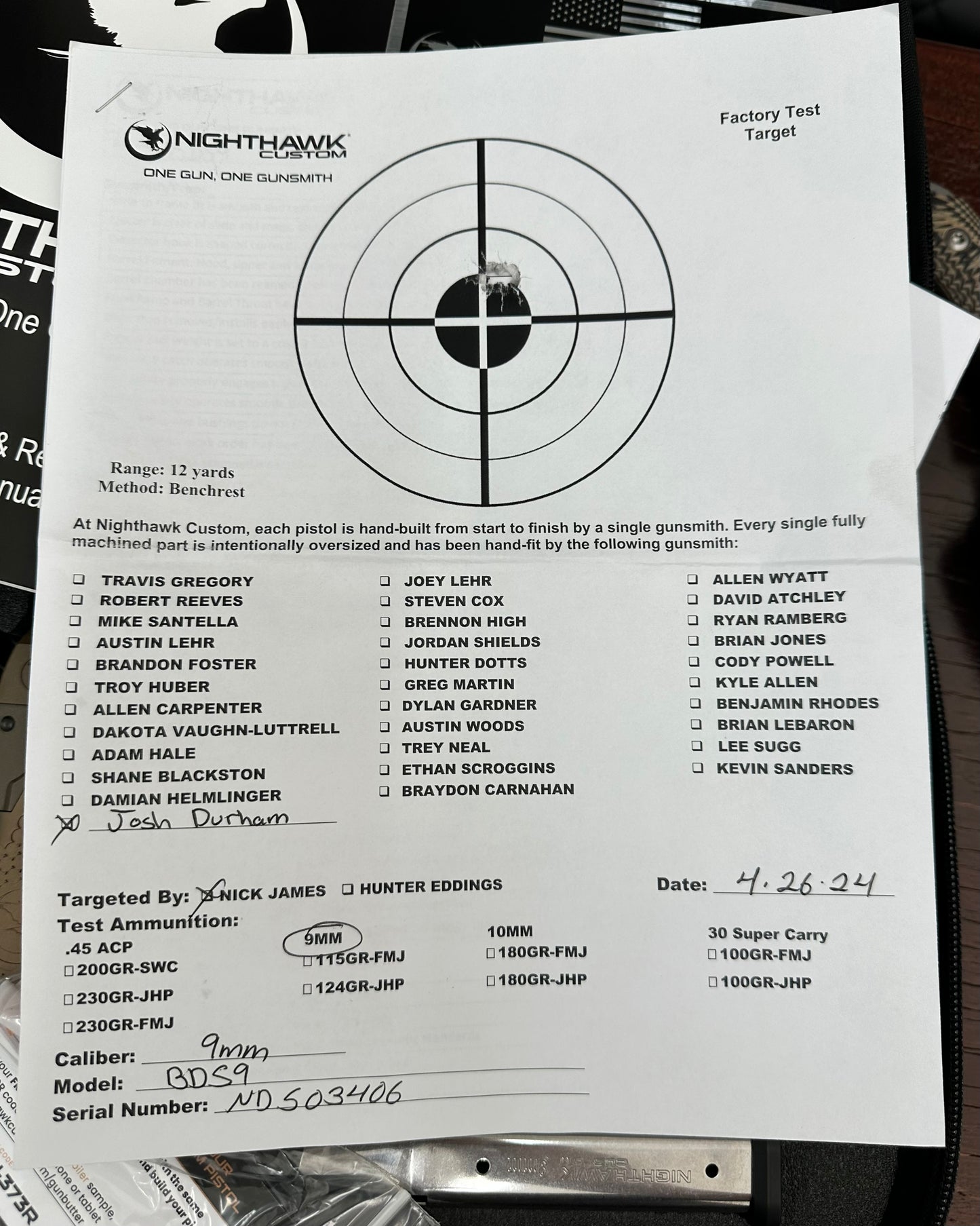 NIGHTHAWK CUSTOM BDS9 COMMANDER 4.25” SANDHAWK FINISH WITH NIGHT FIGHTER KNIFE 9MM