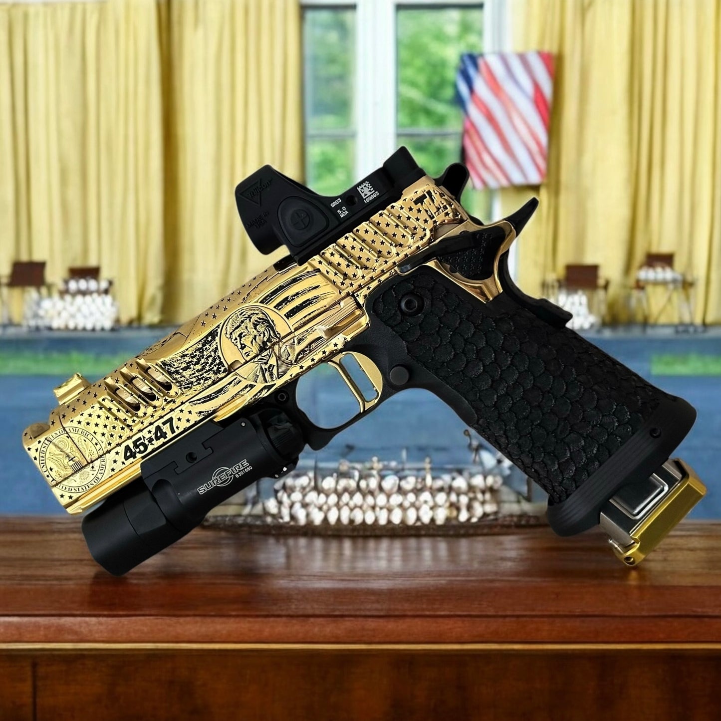 STACCATO CUSTOM XC “TRUMP” FULLY ENGRAVED POLISHED AND 24k GOLD PLATED SRO & X300