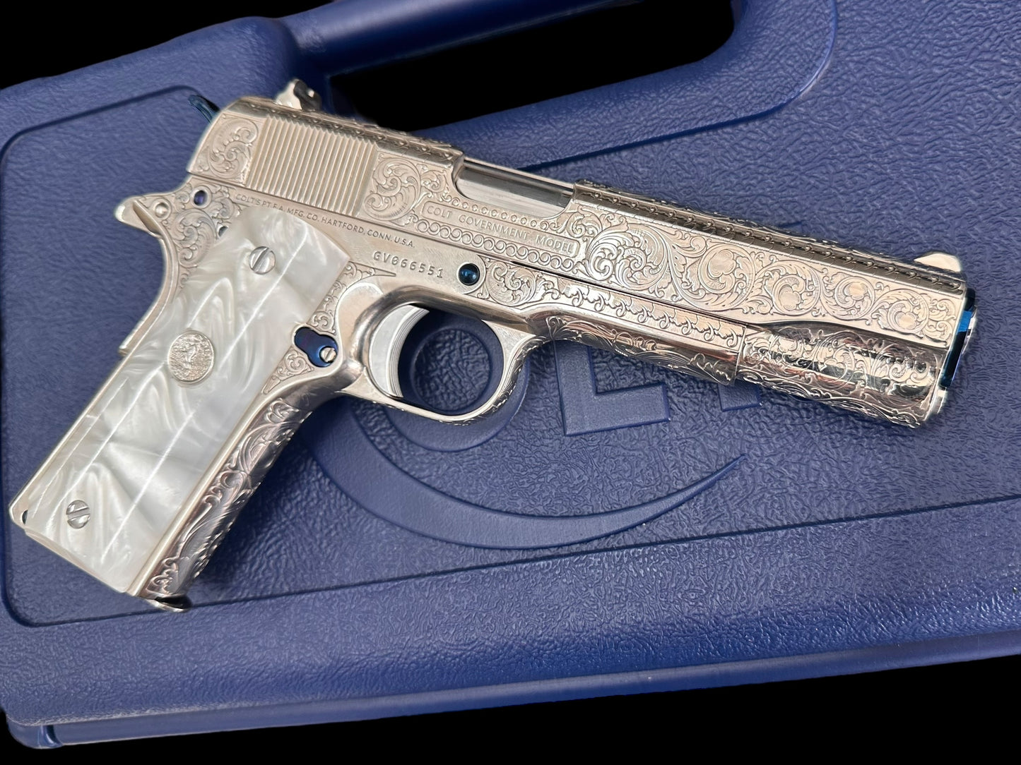 COLT CUSTOM 1911 HIGH POLISHED AND NICKEL PLATED WITH NITRO BLUE ACCENTS FULLY ENGRAVED .45ACP