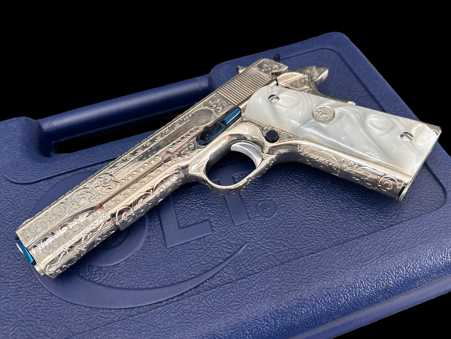 COLT CUSTOM 1911 HIGH POLISHED AND NICKEL PLATED WITH NITRO BLUE ACCENTS FULLY ENGRAVED .45ACP