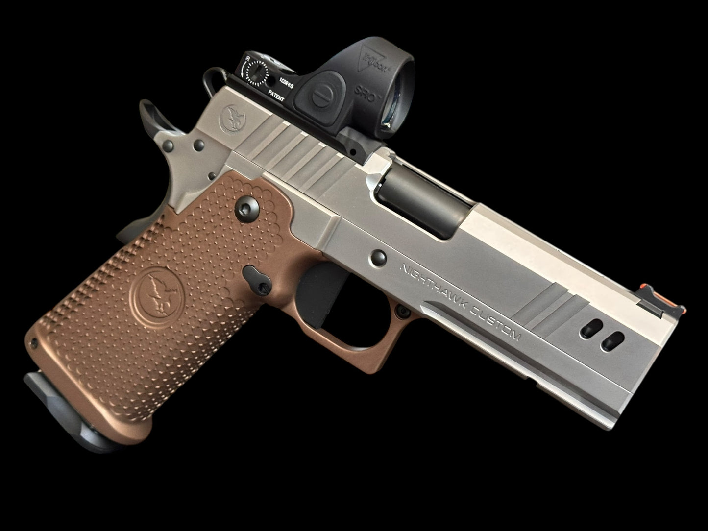 NIGHTHAWK CUSTOM BDS9 COMM 4.25” DS 9mm SILVER PVD AND SANDHAWK GRIPS WITH SRO