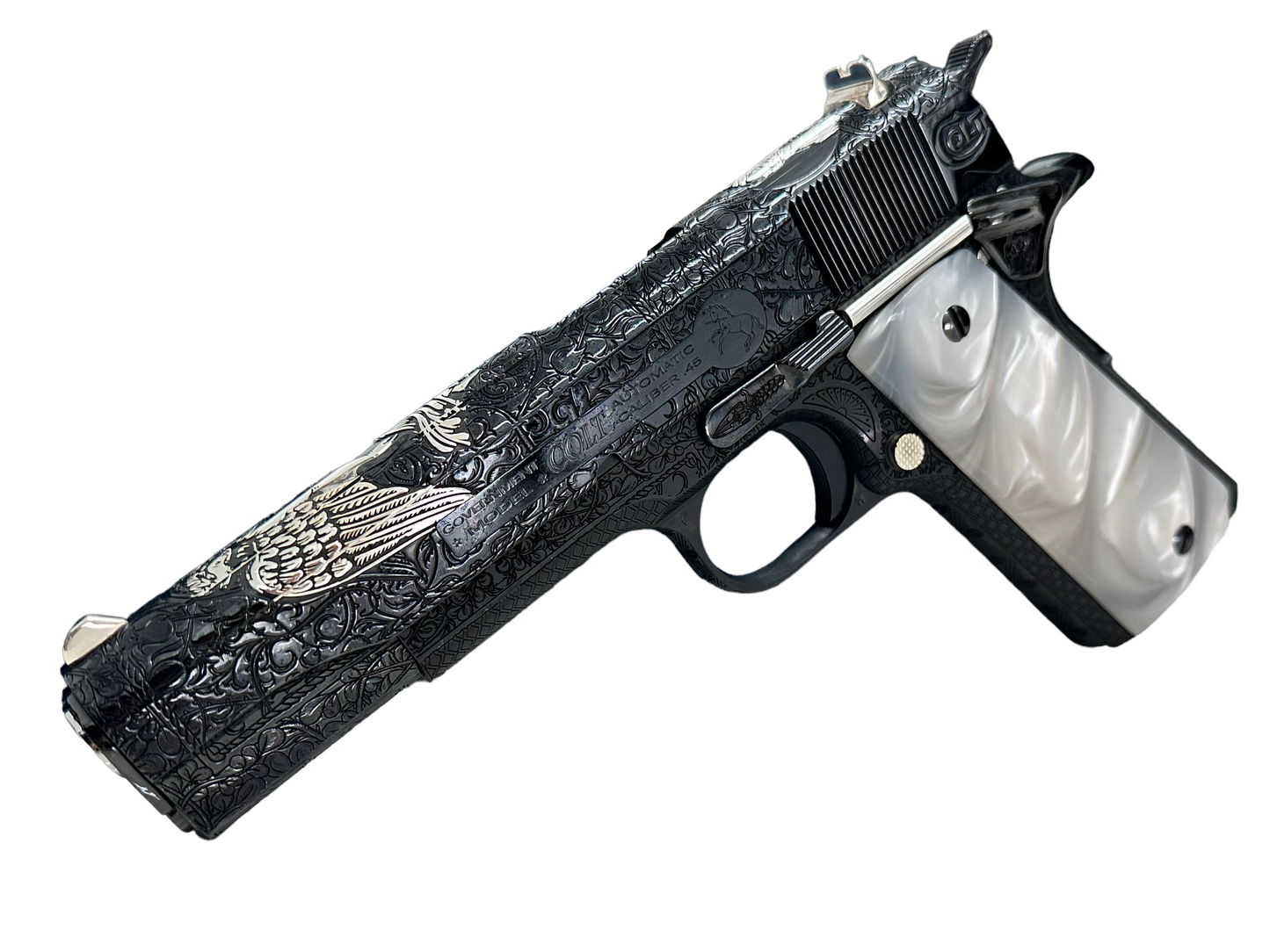 CUSTOM COLT 1911 FULLY ENGRAVED ANGEL VS DEMON ROYAL BLUE FINISH