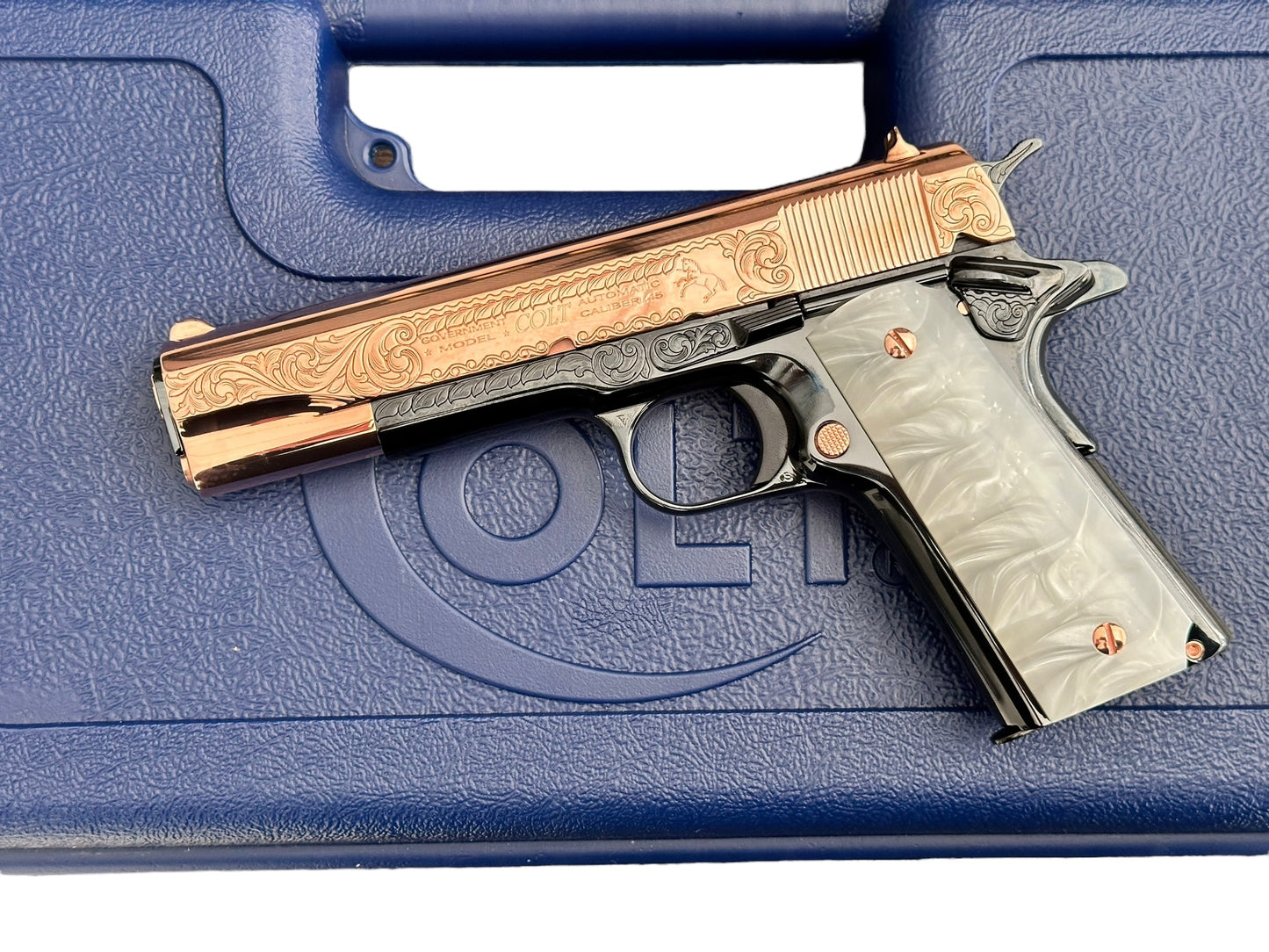 COLT CUSTOM 1911 ENGRAVED HIGH POLISHED WITH 18k ROSE GOLD FINISH CUSTOM GRIPS .45ACP