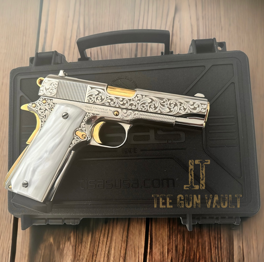 TISAS TANK COMMANDER 1911A1 TC 9 FULLY ENGRAVED, HIGH POLISHED, NICKEL & 24K GOLD PLATED 9MM
