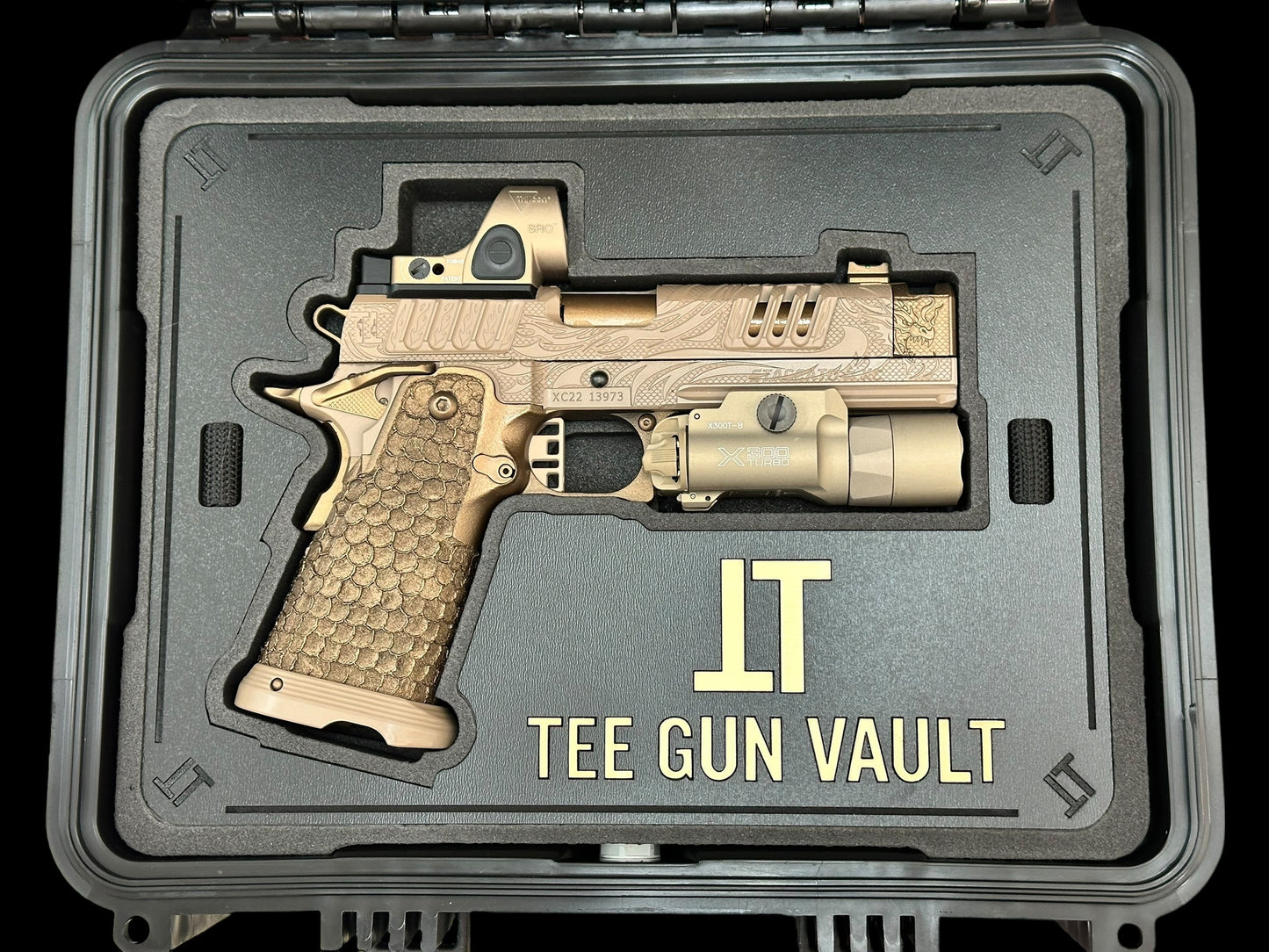 STACCATO CUSTOM XC “TRIBAL DRAGON” ENGRAVED TAN/BRONZE CERAKOTE FINISH WITH TRIJICON SRO & X300
