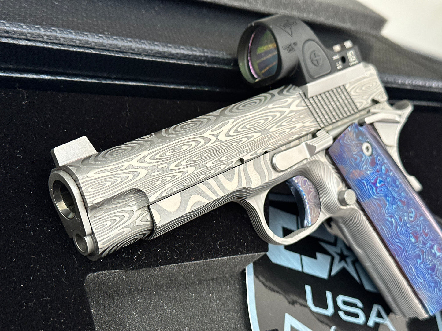 CABOT GUNS CUSTOM 1911 ONE OF A KIND DAMASCUS SPECIAL BUILD.