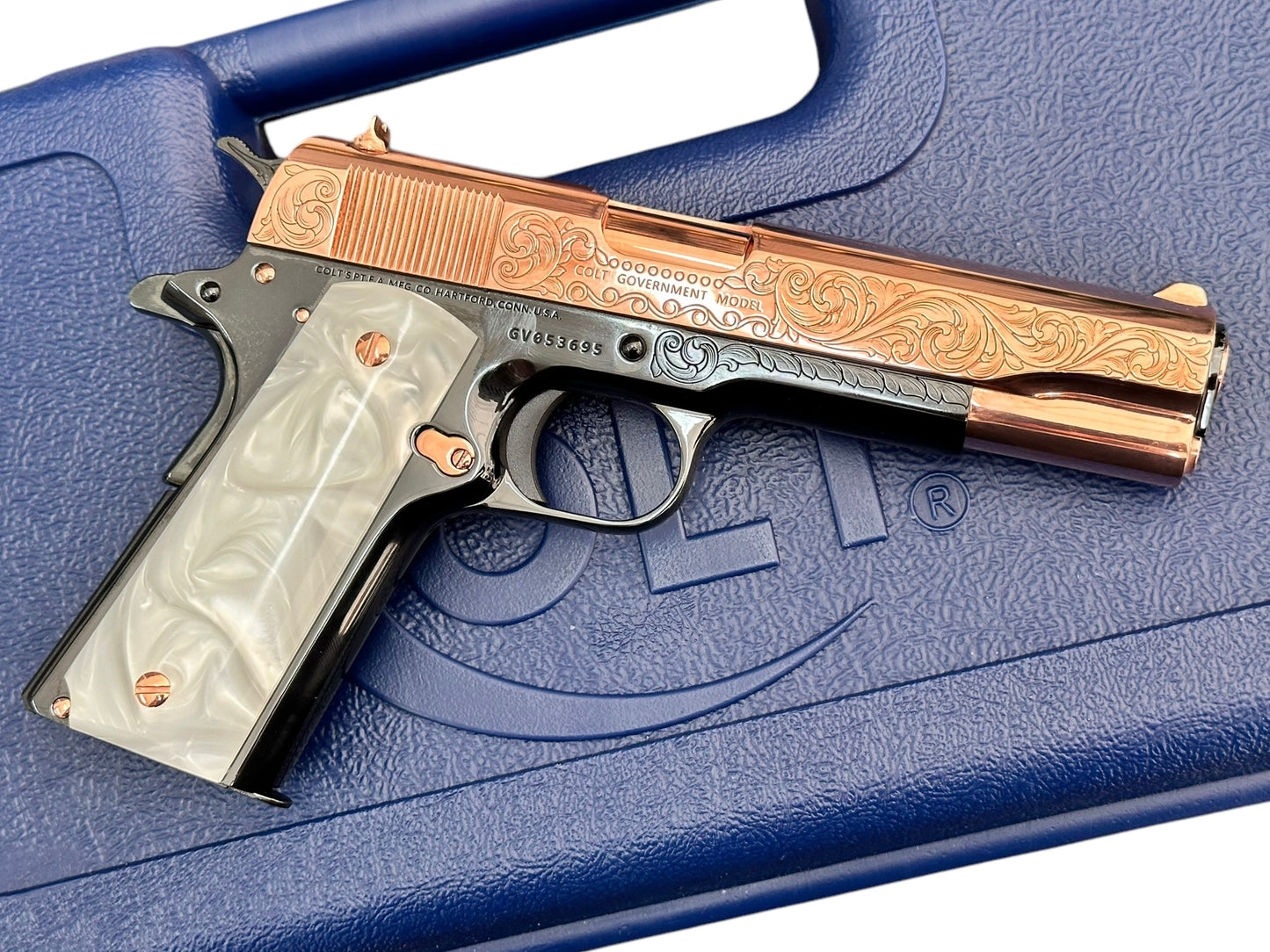COLT CUSTOM 1911 ENGRAVED HIGH POLISHED WITH 18k ROSE GOLD FINISH CUSTOM GRIPS .45ACP