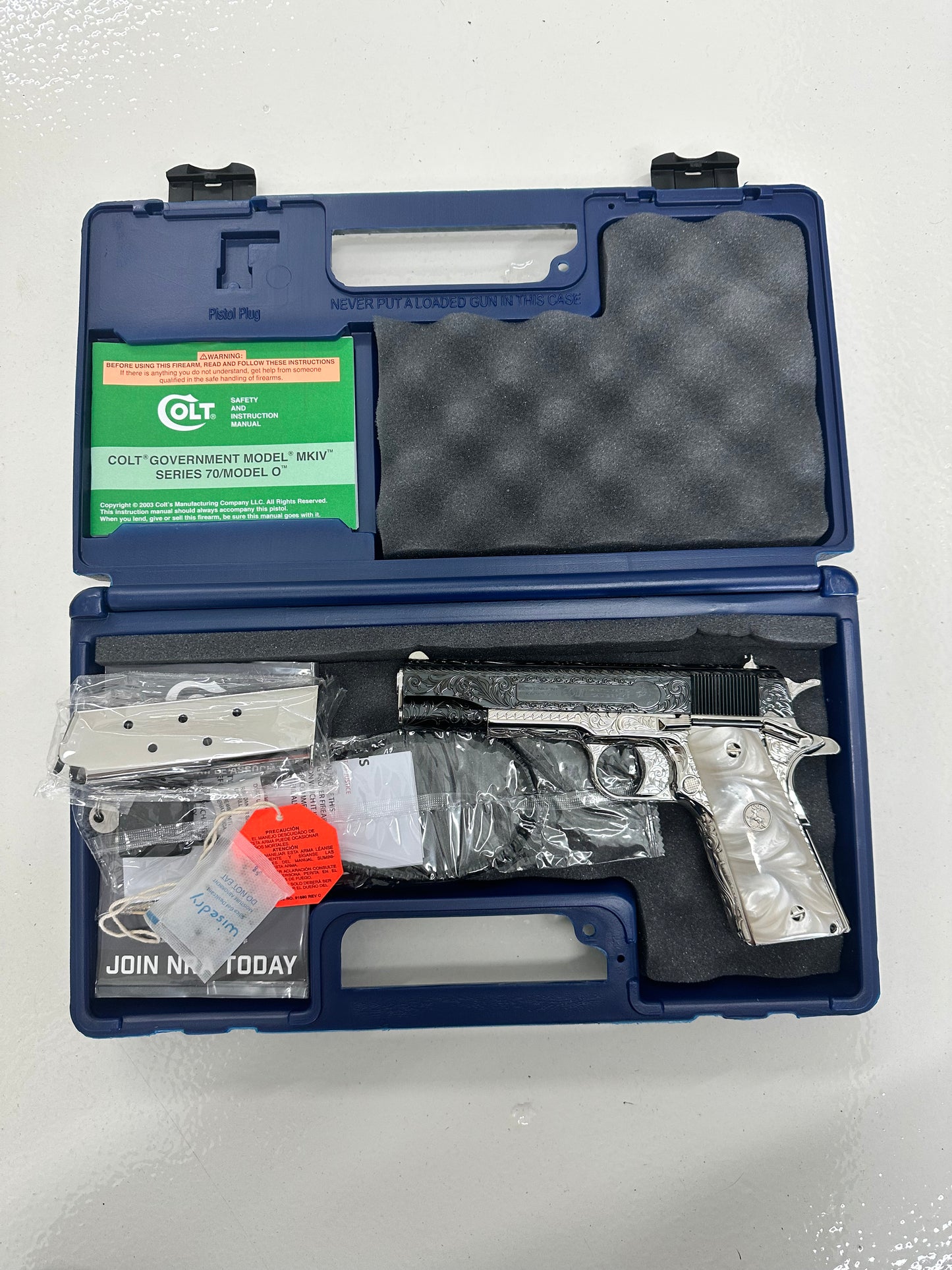 COLT CUSTOM 1911 FULLY ENGRAVED POLISHED AND 2 TONE NICKEL PLATED WITH ROYAL BLUE SLIDE