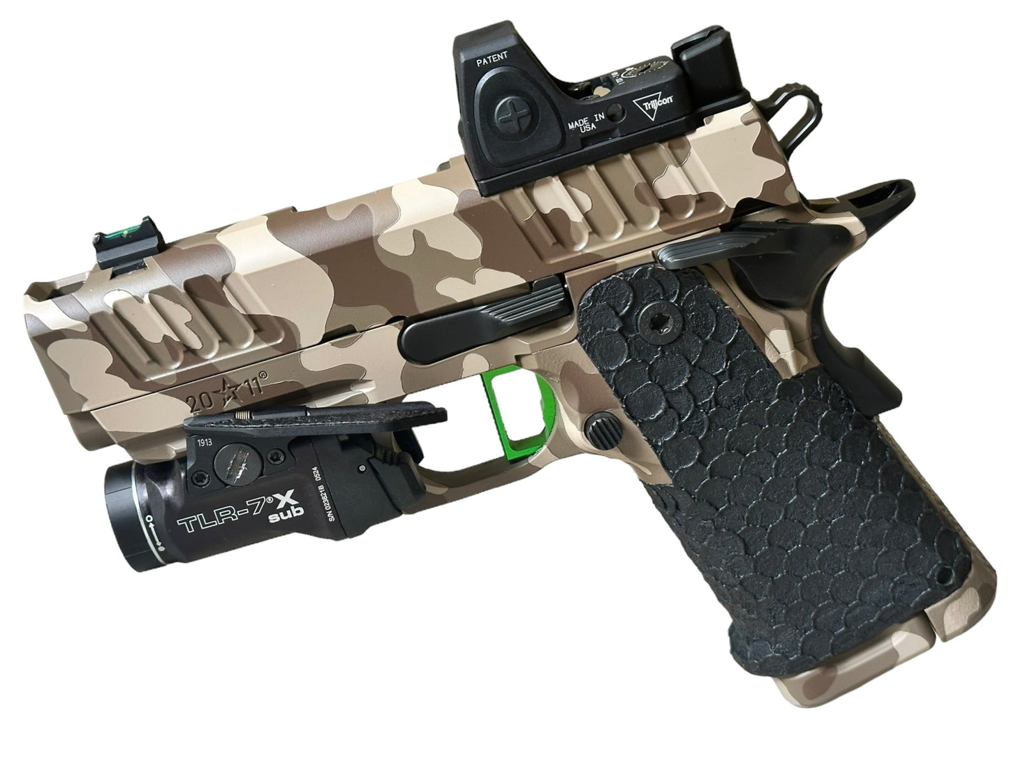 STI/STACCATO CS PORTED FULLY CUSTOMIZED CAMO WITH RMR AND FLASHLIGHT. MANY UPGRADES