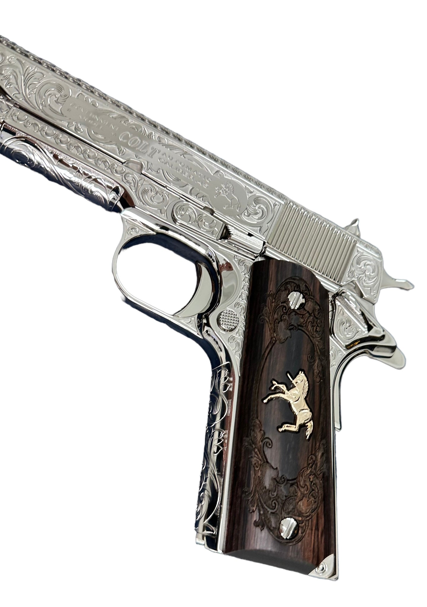 COLT CUSTOM 1911 HIGH POLISHED FULLY ENGRAVED NICKEL PLATED WITH CUSTOM GRIPS .45ACP